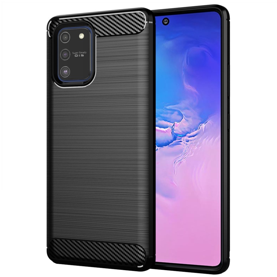 Husa pentru Samsung Galaxy S10 Lite, SKYDDAR INNOVATION, Carbon Silicone, din Silicon Slim, cu textura Fibra Carbon, set cu sticker, Negru