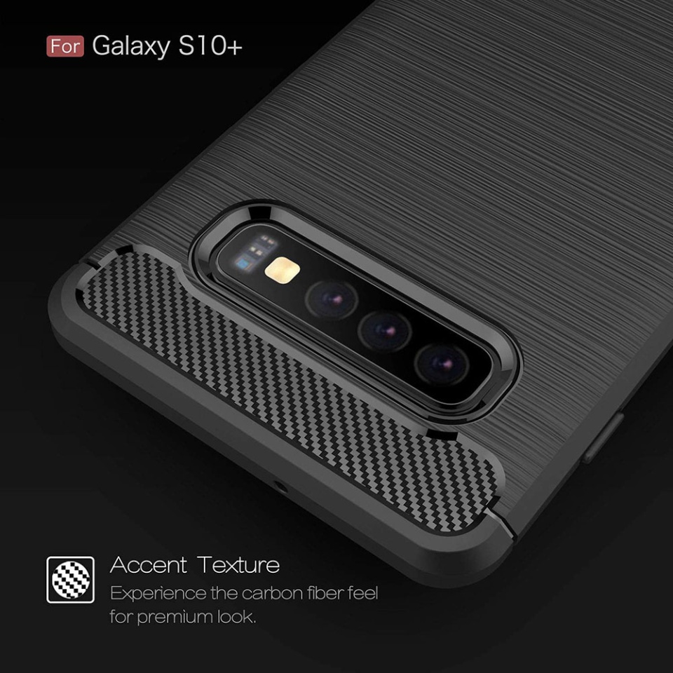 Husa pentru Samsung Galaxy S10 Plus, SKYDDAR INNOVATION, Carbon Silicone, din Silicon Slim, cu textura Fibra Carbon, set cu sticker, Negru - 5