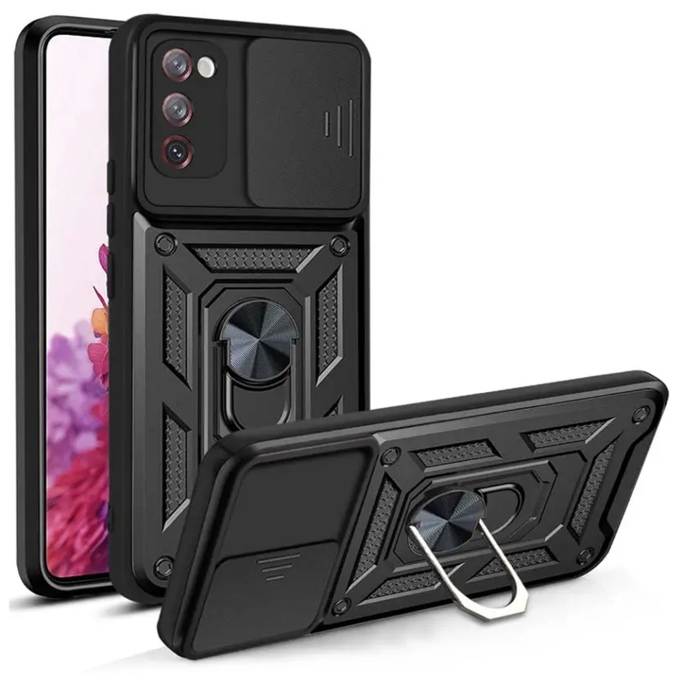 Husa pentru Samsung Galaxy S20 FE / Galaxy S20 FE 5G, SKYDDAR INNOVATION, CamShield, Inel magnetic, set cu sticker, Negru
