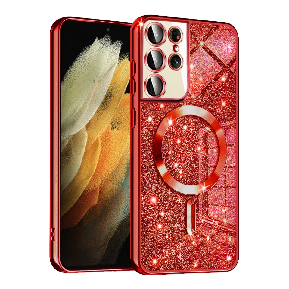 Husa pentru Samsung Galaxy S21 Ultra 5G Design Antisoc, Fundal Detasabil 2-in-1, Protectie Superioara, Margini Ridicate, SKDR Glitter - Rosu