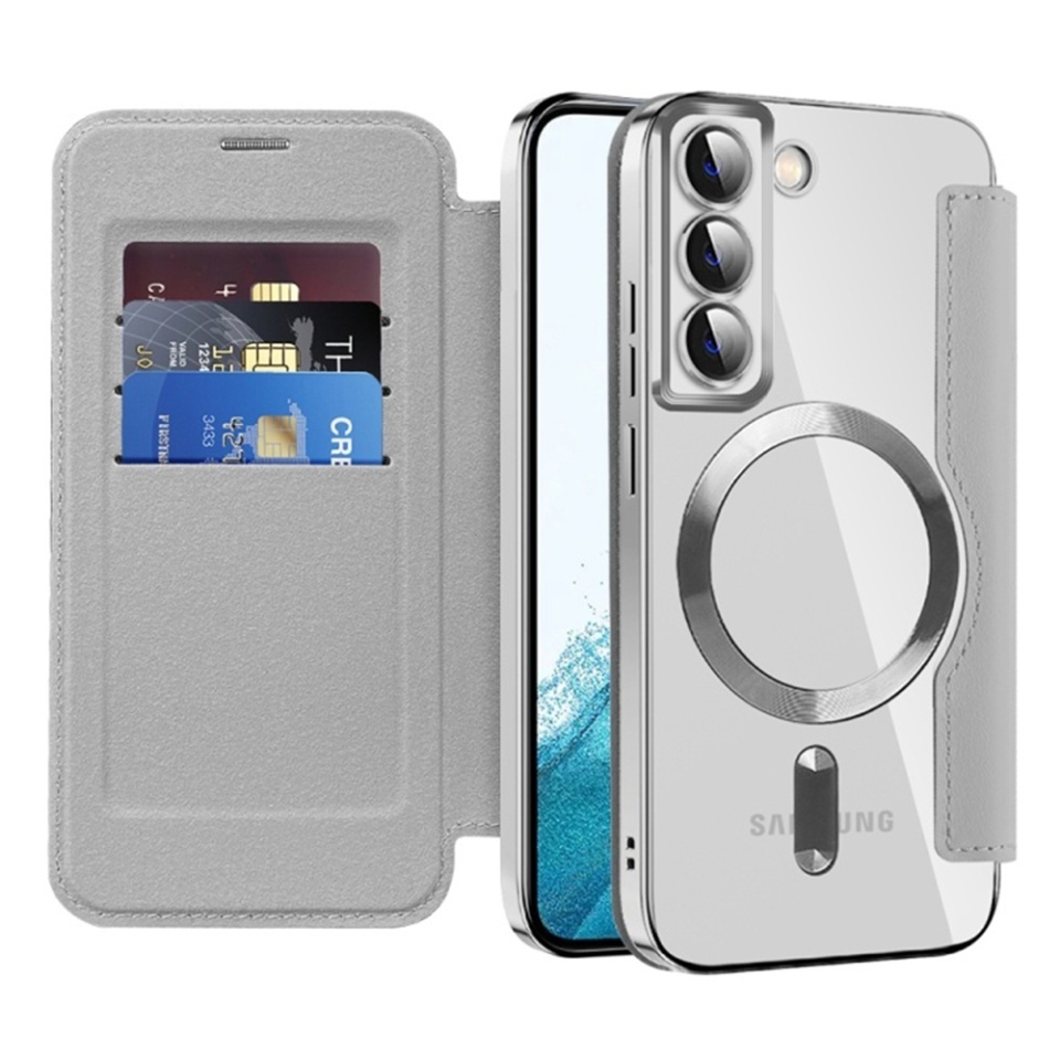 Husa pentru Samsung Galaxy S22 5G tip carte, SKYDDAR INOVATION, SmartMag Book, Magsafe, RFiD, Suport Carduri, set cu sticker, Gri
