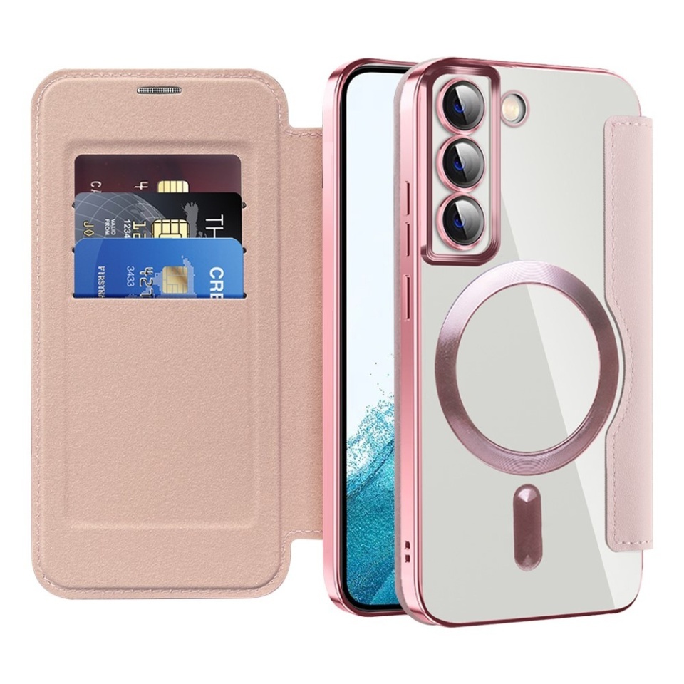 Husa pentru Samsung Galaxy S22 5G tip carte, SKYDDAR INOVATION, SmartMag Book, Magsafe, RFiD, Suport Carduri, set cu sticker, Roz