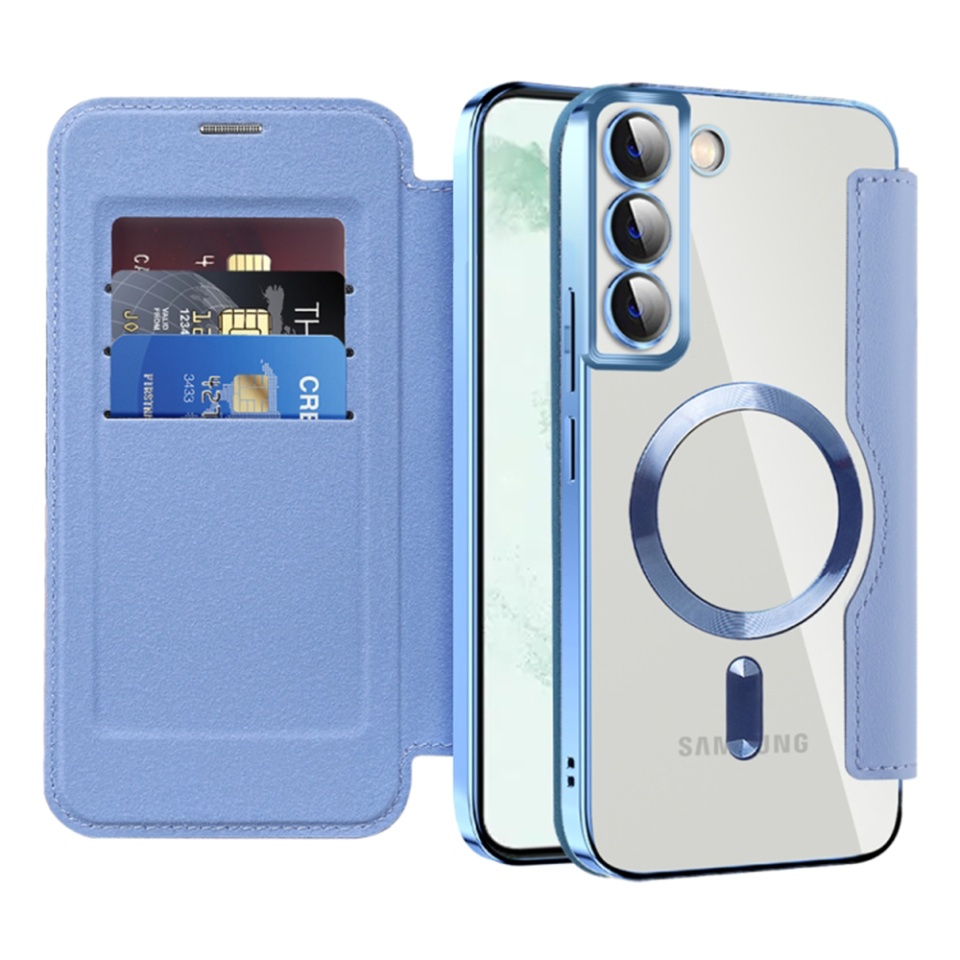 Husa pentru Samsung Galaxy S22 Plus 5G tip carte, SKYDDAR INOVATION, SmartMag Book, Magsafe, RFiD, Suport Carduri, set cu sticker, Bleu