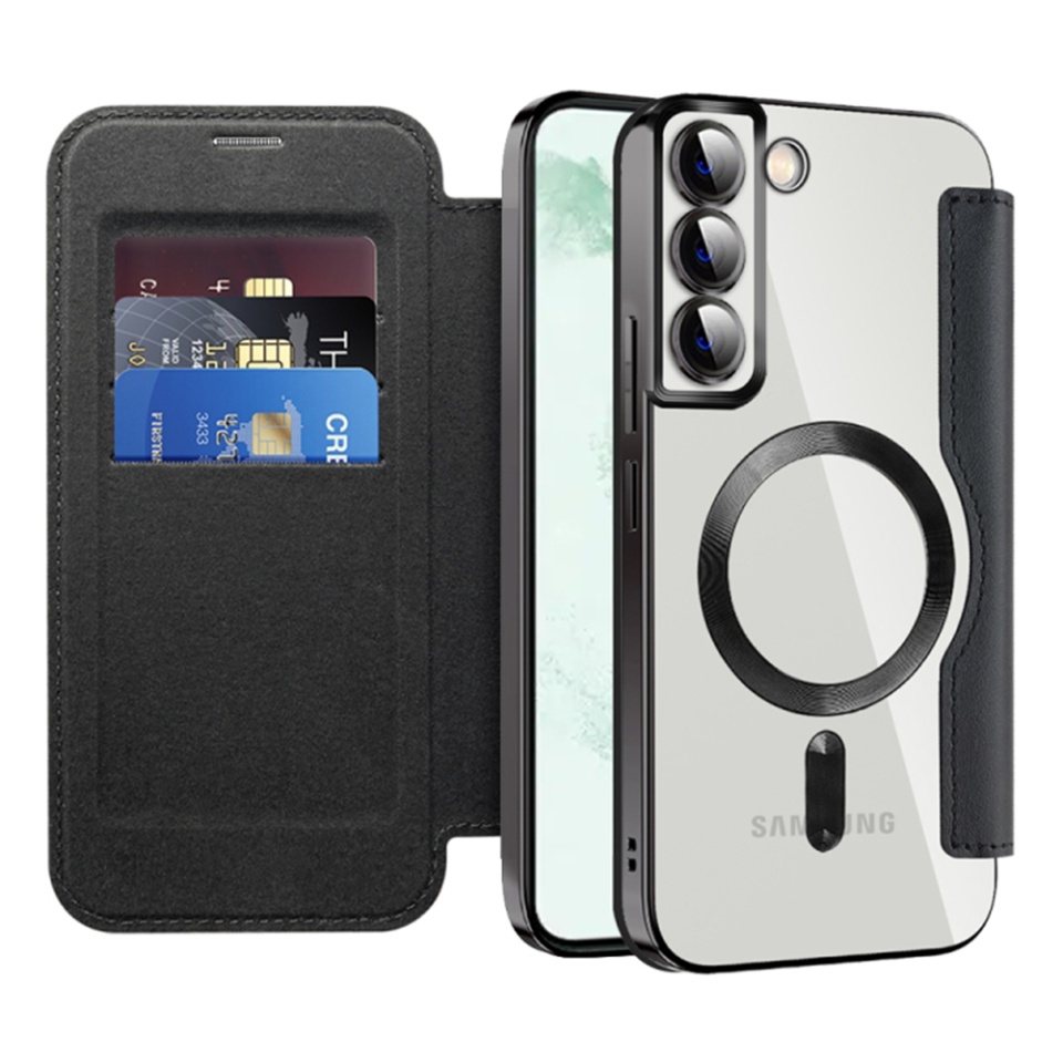 Husa pentru Samsung Galaxy S22 Plus 5G tip carte, SKYDDAR INOVATION, SmartMag Book, Magsafe, RFiD, Suport Carduri, set cu sticker, Negru