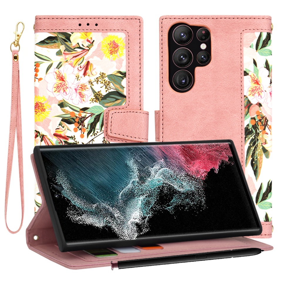 Husa pentru Samsung Galaxy S22 Ultra 5G din Piele Ecologică cu Design Floral, Protecție 360°, Stand Integrat, Buzunare pentru Carduri, SKDR Floral Wallet - Roz