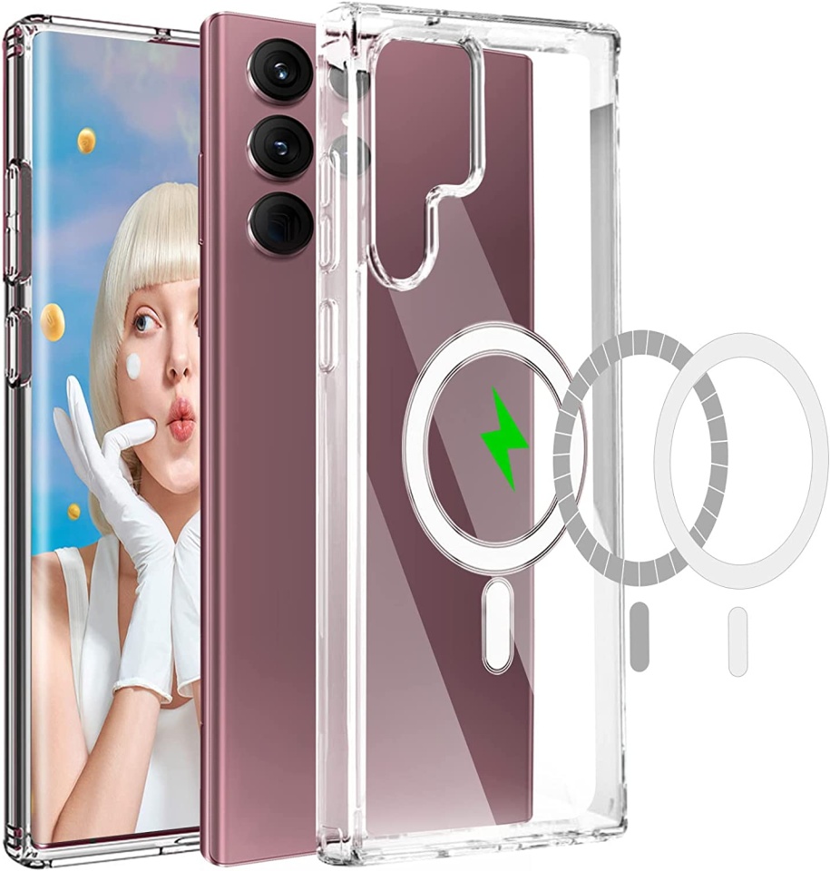 Husa pentru Samsung Galaxy S22 Ultra 5G, SKYDDAR INNOVATION, Shockproof MagSafe, Transparenta, set cu sticker
