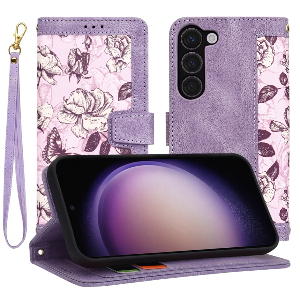 Husa pentru Samsung Galaxy S23 din Piele Ecologică cu Design Floral, Protecție 360°, Stand Integrat, Buzunare pentru Carduri, SKDR Floral Wallet - Mov