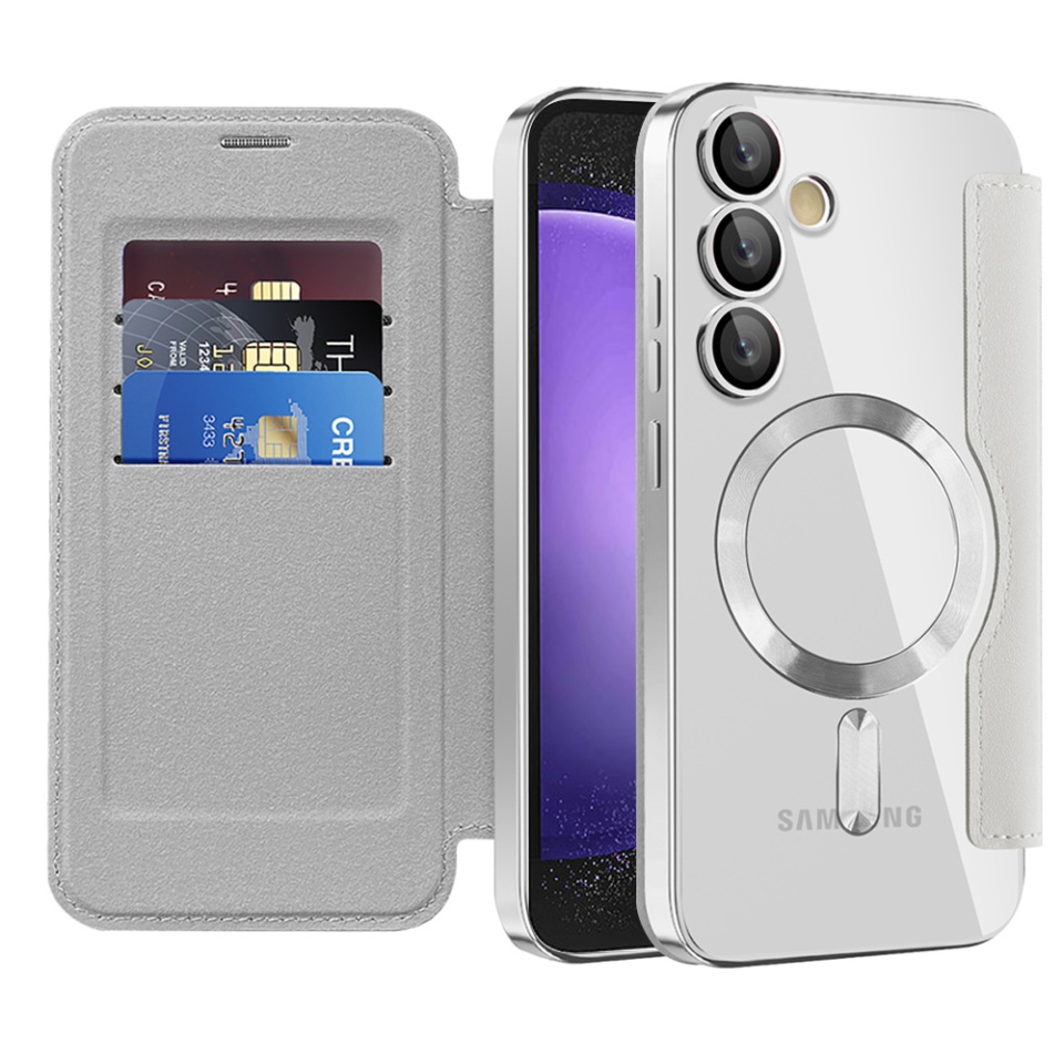 Husa pentru Samsung Galaxy S23 FE tip carte, SKYDDAR INOVATION, SmartMag Book, Magsafe, RFiD, Suport Carduri, set cu sticker, Gri