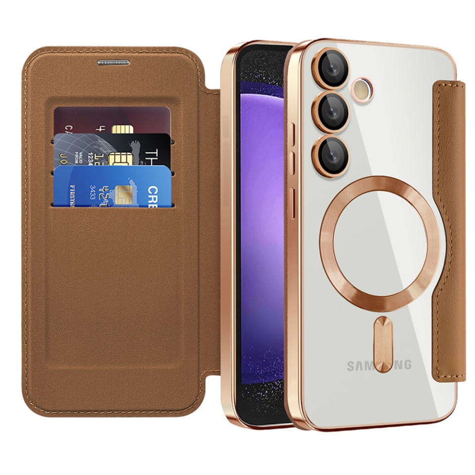 Husa pentru Samsung Galaxy S23 FE tip carte, SKYDDAR INOVATION, SmartMag Book, Magsafe, RFiD, Suport Carduri, set cu sticker, Maro