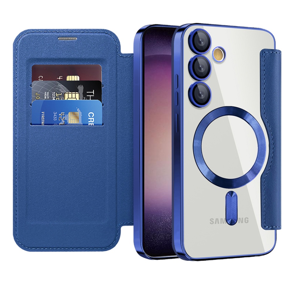 Husa pentru Samsung Galaxy S23 Plus tip carte, SKYDDAR INOVATION, SmartMag Book, Magsafe, RFiD, Suport Carduri, set cu sticker, Albastru