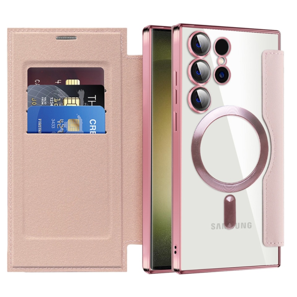 Husa pentru Samsung Galaxy S23 Ultra tip carte, SKYDDAR INOVATION, SmartMag Book, Magsafe, RFiD, Suport Carduri, set cu sticker, Roz