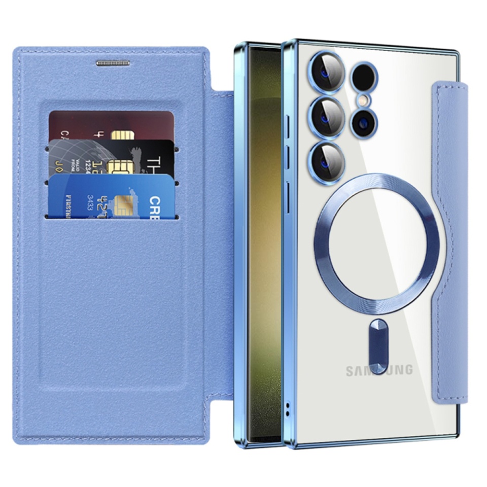 Husa pentru Samsung Galaxy S23 Ultra tip carte, SKYDDAR INOVATION, SmartMag Book, Magsafe, RFiD, Suport Carduri, set cu sticker, Bleu