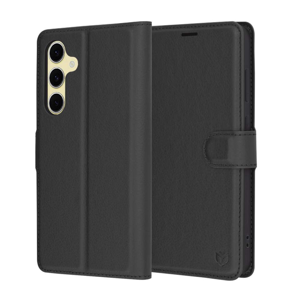 Husa pentru Samsung Galaxy S24 FE, SKYDDAR INNOVATION, Leather Folio tip Carte, cu Portofel Interior, Finisaje Premium, set cu sticker, Negru