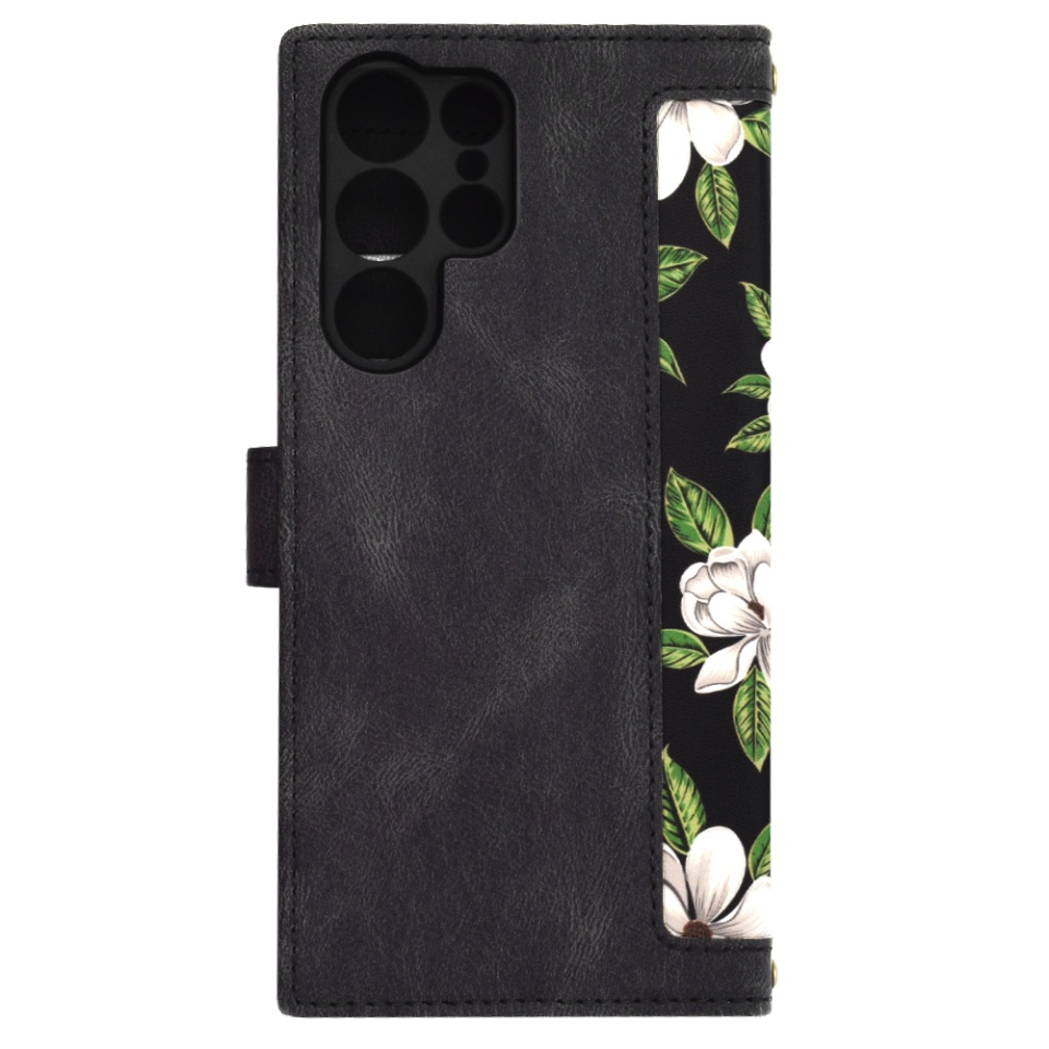 Husa pentru Samsung Galaxy S24 Ultra din Piele Ecologică cu Design Floral, Protecție 360°, Stand Integrat, Buzunare pentru Carduri, SKDR Floral Wallet - Negru - 3 | YEO