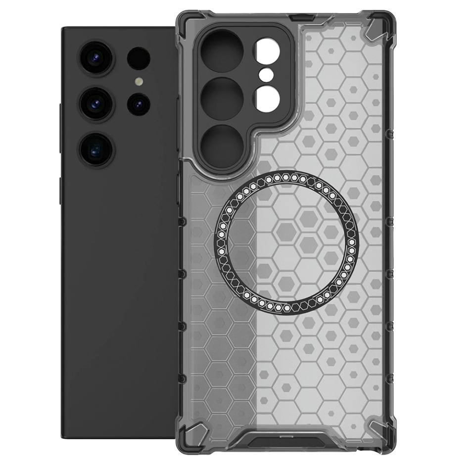 Husa pentru Samsung Galaxy S24 Ultra, SKYDDAR INNOVATION, HoneyComb Shield MagSafe, Negru, set cu sticker - 1 | YEO