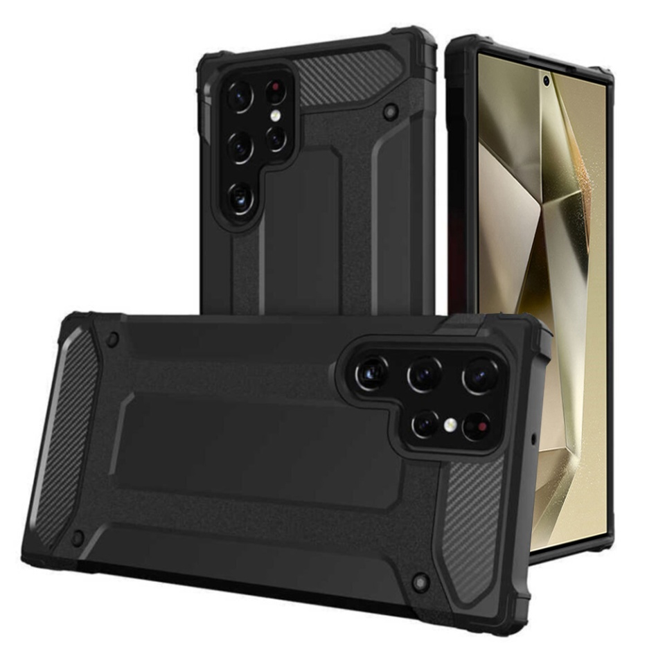 Husa pentru Samsung Galaxy S24 Ultra, SKYDDAR INNOVATION, Hybrid Armor, din Plastic Dur, Margini Cauciucate, Antisoc, set cu sticker, Negru