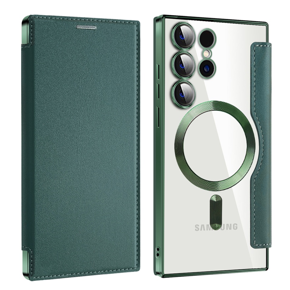 Husa pentru Samsung Galaxy S24 Ultra tip carte, SKYDDAR INOVATION, SmartMag Book, Magsafe, RFiD, Suport Carduri, set cu sticker, Verde - 1 | YEO