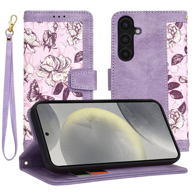 Husa pentru Samsung Galaxy S25 din Piele Ecologică cu Design Floral, Protecție 360°, Stand Integrat, Buzunare pentru Carduri, SKDR Floral Wallet - Mov