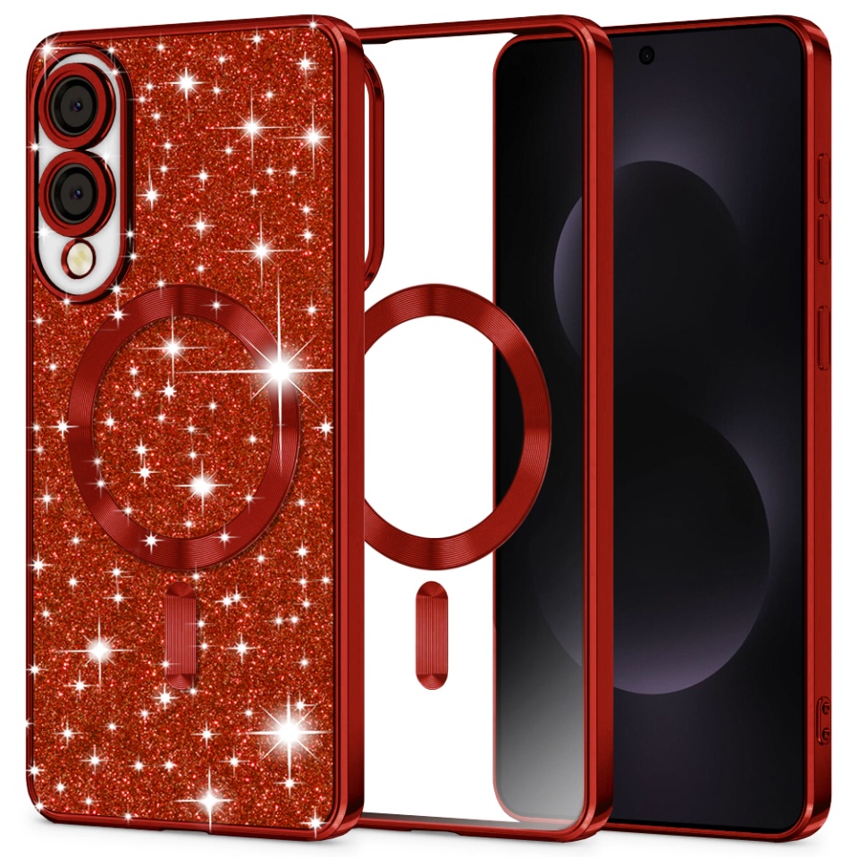 Husa pentru Samsung Galaxy S25 Edge, SKYDDAR INNOVATION, Luxury Glitter Magsafe, Antisoc, Fundal Detasabil 2-in-1, Protectie Superioara, Margini Ridicate, Rosu, set cu sticker