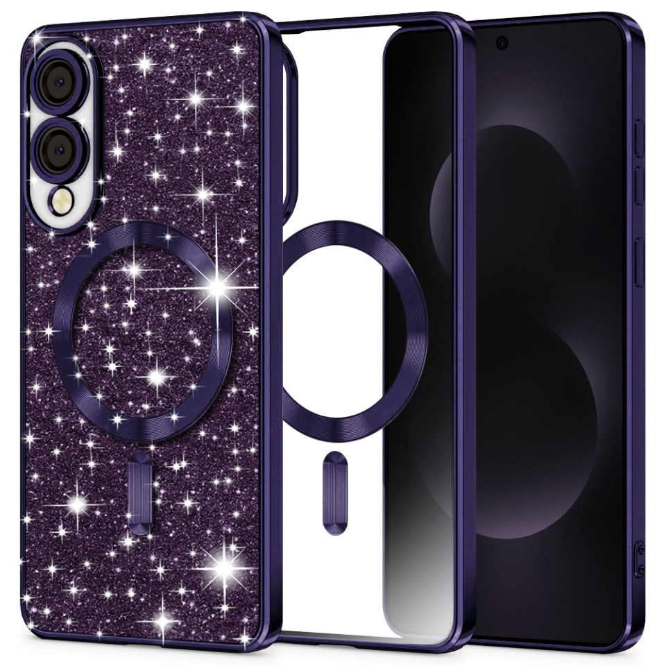 Husa pentru Samsung Galaxy S25 Edge, SKYDDAR INNOVATION, Luxury Glitter Magsafe, Antisoc, Fundal Detasabil 2-in-1, Protectie Superioara, Margini Ridicate, Mov, set cu sticker