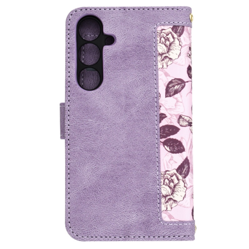 Husa pentru Samsung Galaxy S25 Plus din Piele Ecologică cu Design Floral, Protecție 360°, Stand Integrat, Buzunare pentru Carduri, SKDR Floral Wallet - Mov - 2 | YEO