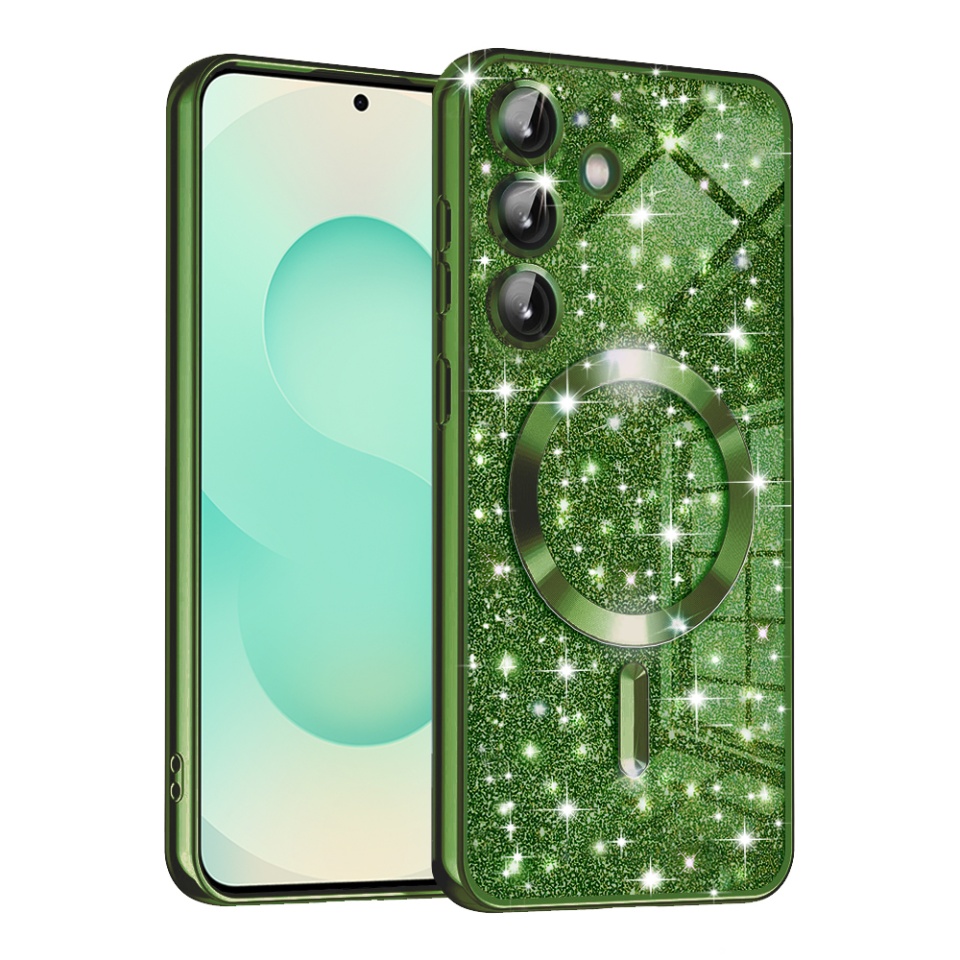 Husa pentru Samsung Galaxy S25 Plus, SKYDDAR INNOVATION, Luxury Glitter Magsafe, Antisoc, Fundal Detasabil 2-in-1, Margini Ridicate, set cu sticker, Verde
