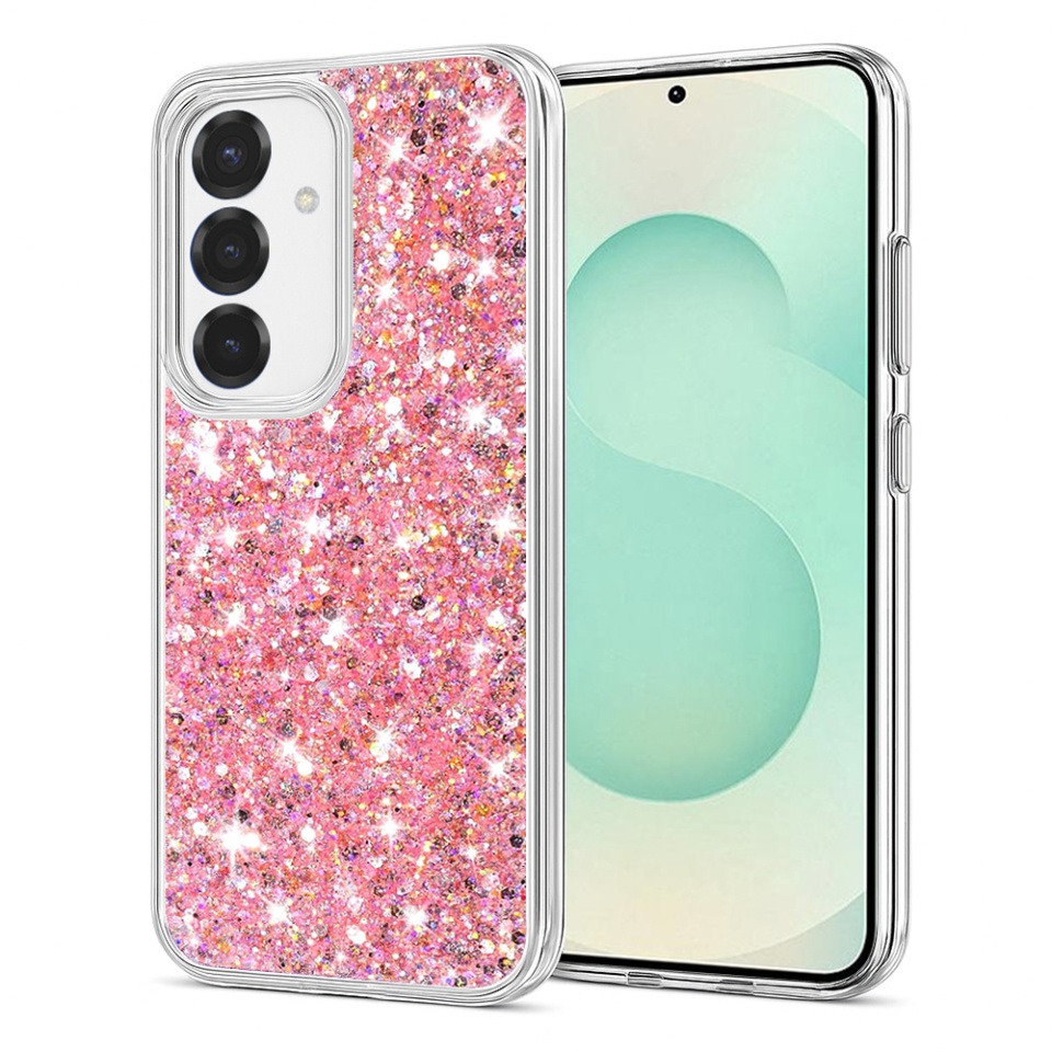 Husa pentru Samsung Galaxy S25 Plus, SKYDDAR INNOVATION, SparkleCase, din Silicon cu Sclipici, Protectie Completa, Roz, set cu sticker