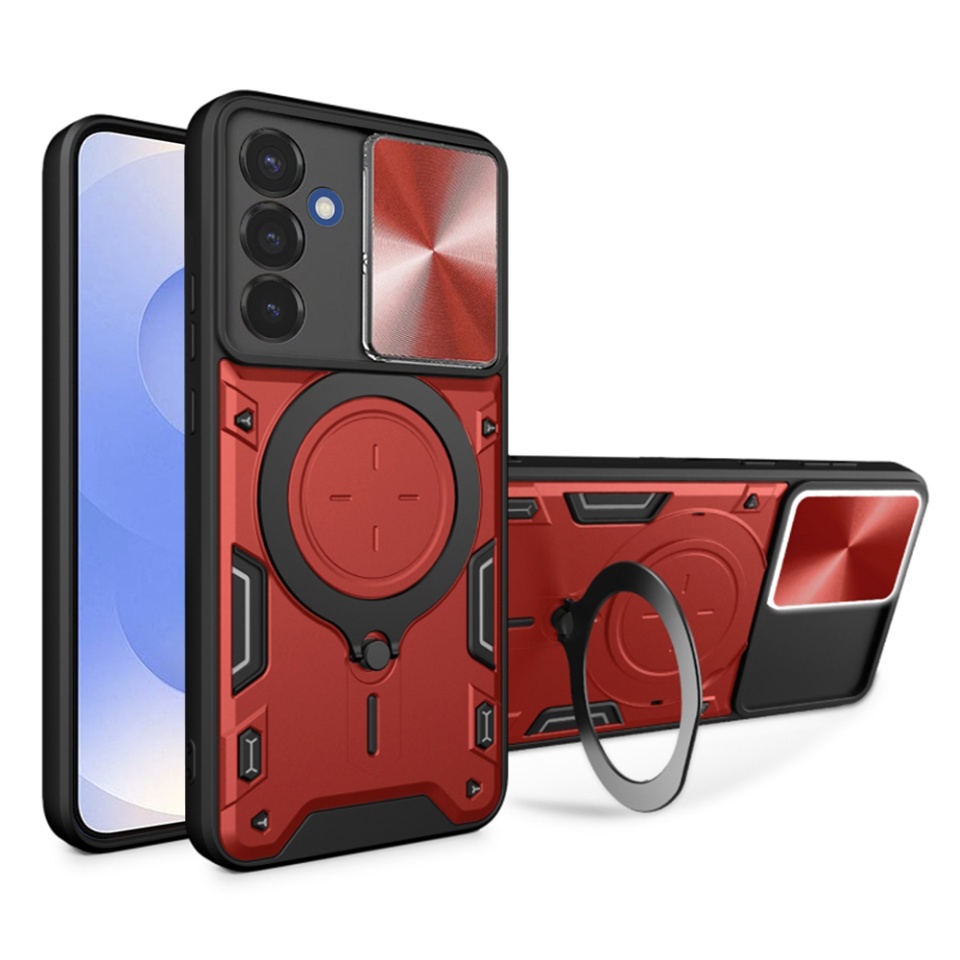 Husa pentru Samsung Galaxy S25, SKYDDAR INNOVATION, CamGuard Pro, Inel Magnetic, Protectie Camera, set cu sticker, Rosu