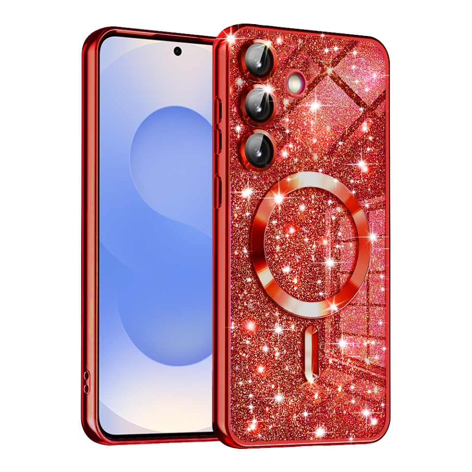 Husa pentru Samsung Galaxy S25, SKYDDAR INNOVATION, Luxury Glitter Magsafe, Antisoc, Fundal Detasabil 2-in-1, Margini Ridicate, set cu sticker, Rosu
