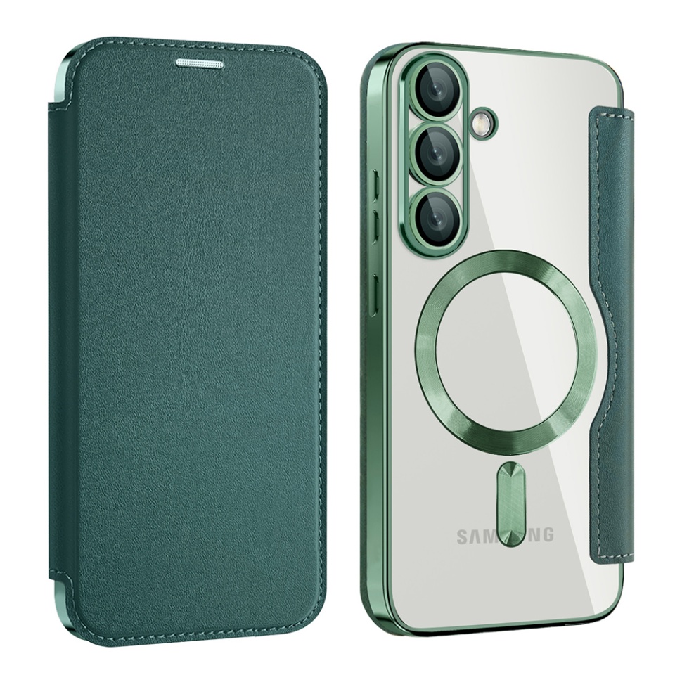 Husa pentru Samsung Galaxy S25 tip carte, SKYDDAR INOVATION, SmartMag Book, Magsafe, RFiD, Suport Carduri, set cu sticker, Verde - 1 | YEO