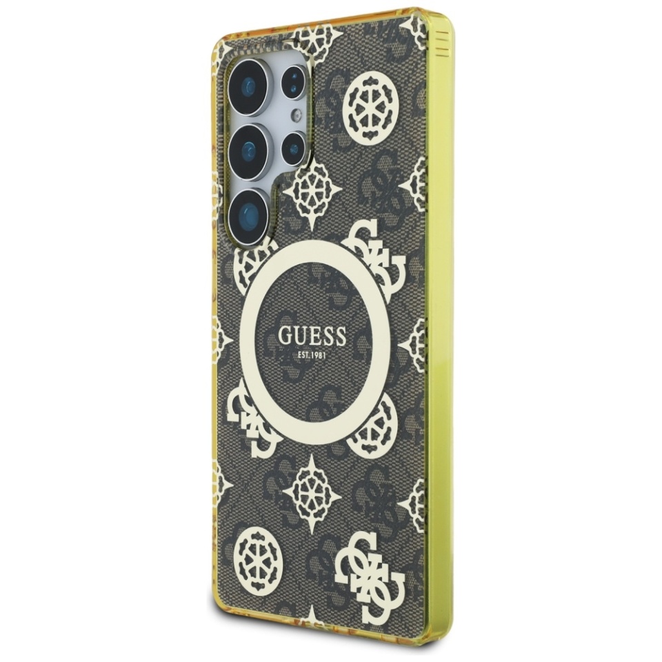 Husa pentru Samsung Galaxy S25 Ultra, Guess MagSafe Denim Pattern, Compatibila, Cadru Silicon, Logo Auriu, Design Slim, Maro - 2 | YEO
