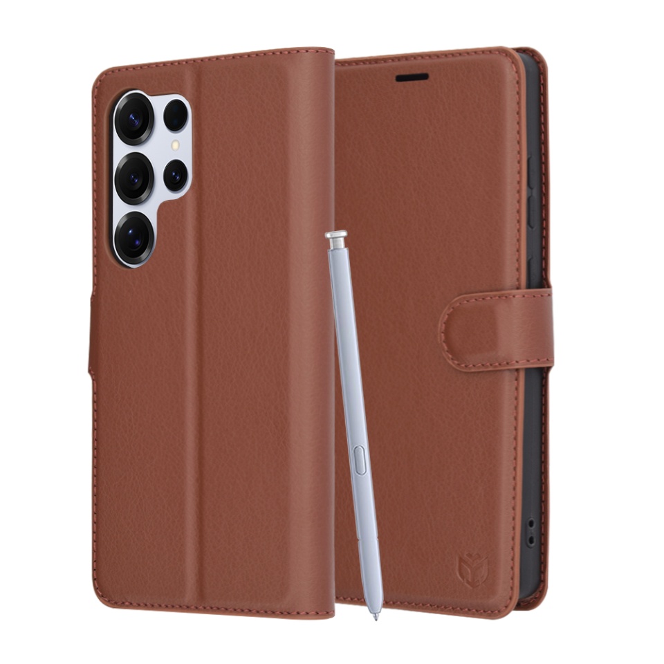 Husa pentru Samsung Galaxy S25 Ultra, SKYDDAR INNOVATION, Leather Folio tip Carte, cu Portofel Interior, Finisaje Premium, set cu sticker, Maro