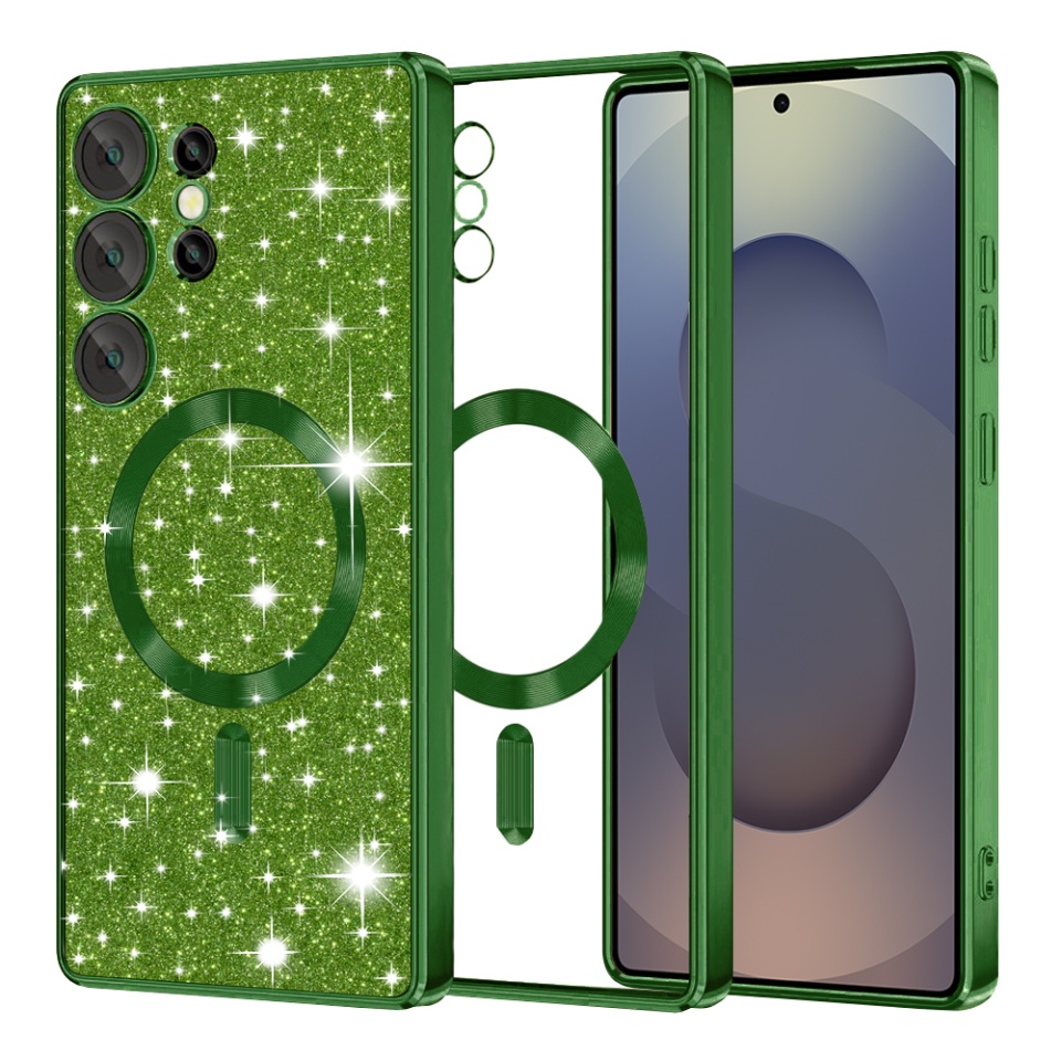 Husa pentru Samsung Galaxy S25 Ultra, SKYDDAR INNOVATION, Luxury Glitter Magsafe, Antisoc, Fundal Detasabil 2-in-1, Margini Ridicate, set cu sticker, Verde