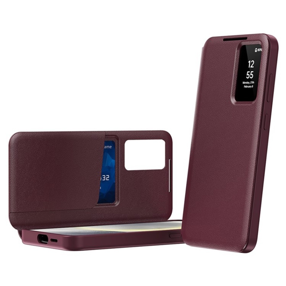 Husa pentru Samsung Galaxy S25 Ultra tip carte, Skyddar, cu portofel si SmartView, Premium, set cu sticker, Rosu - 1 | YEO