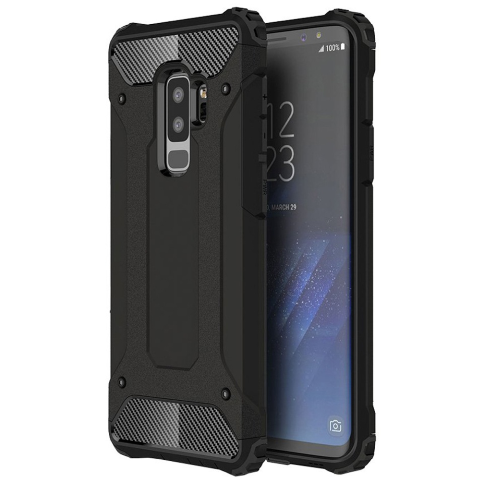 Husa pentru Samsung Galaxy S9 Plus, SKYDDAR INNOVATION, Hybrid Armor, din Plastic Dur, Margini Cauciucate, Antisoc, set cu sticker, Negru