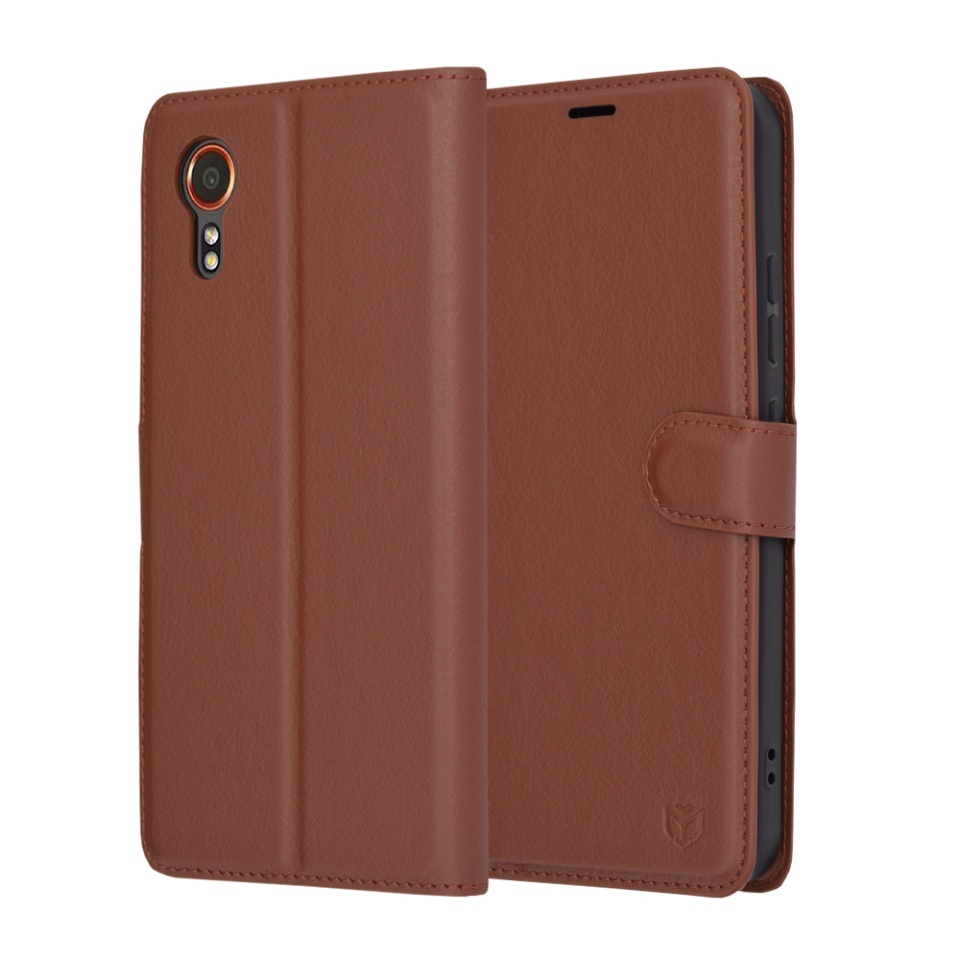 Husa pentru Samsung Galaxy Xcover7, SKYDDAR INNOVATION, Leather Folio tip Carte, cu Portofel Interior, Finisaje Premium, set cu sticker, Maro