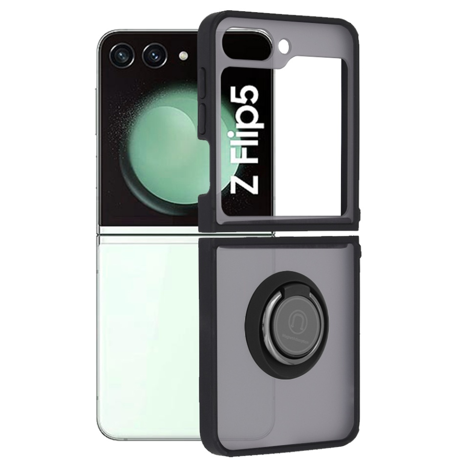 Husa pentru Samsung Galaxy Z Flip5, SKYDDAR INNOVATION, Glinth cu Inel Rotativ 360° Magnetic, Negru, set cu sticker - 2 | YEO