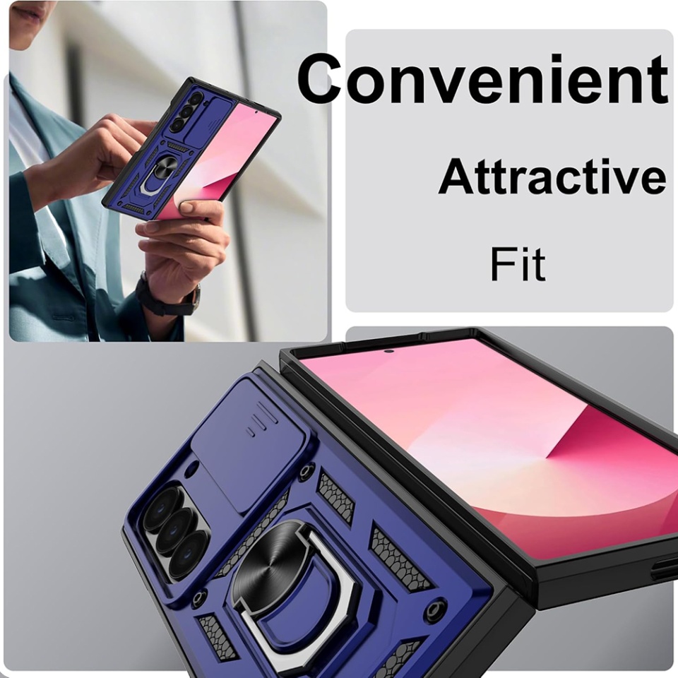 Husa pentru Samsung Galaxy Z Fold6, SKYDDAR INNOVATION, CamShield, Inel magnetic, set cu sticker, Albastru - 2 | YEO