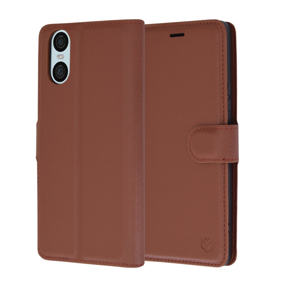 Husa pentru Sony Xperia 10 VI, SKYDDAR INNOVATION, Leather Folio tip Carte, cu Portofel Interior, Finisaje Premium, set cu sticker, Maro