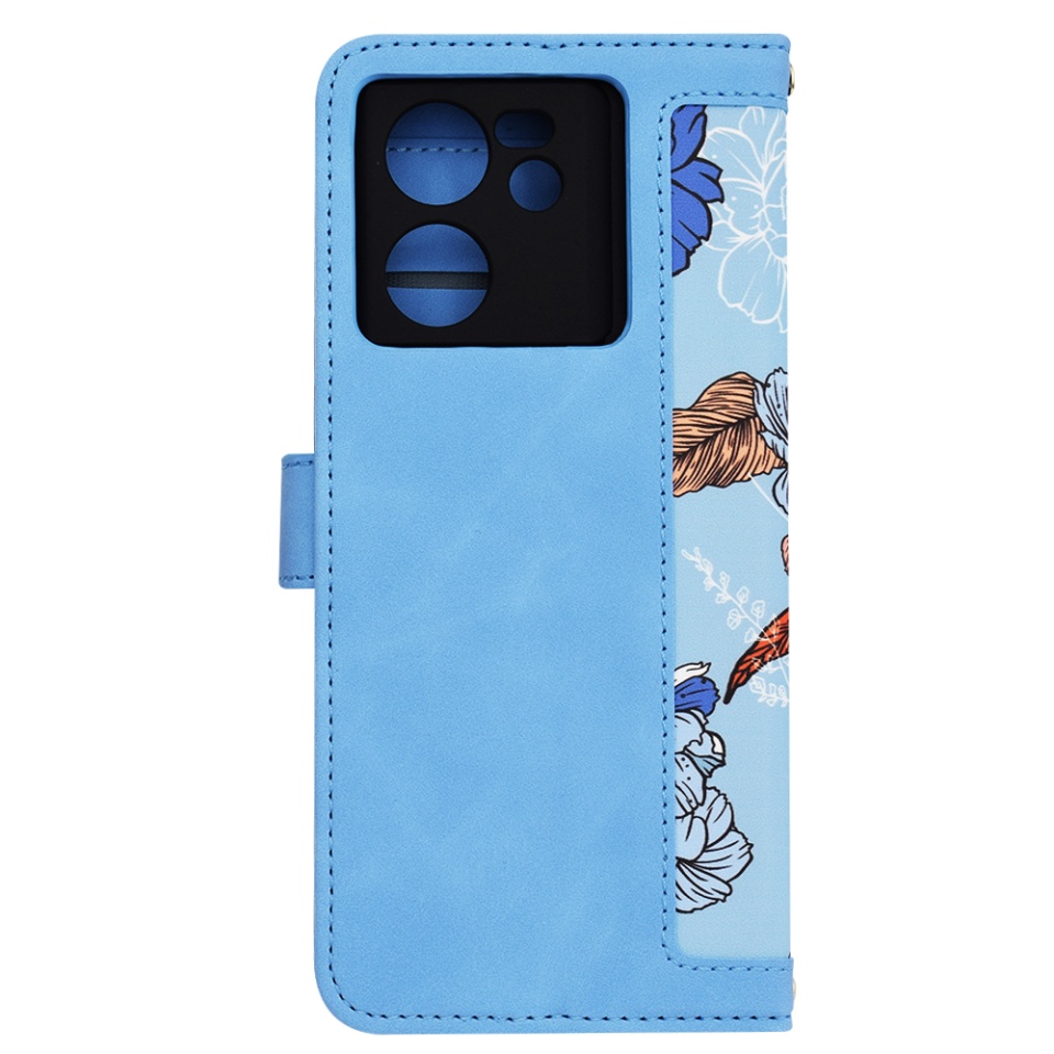 Husa pentru Xiaomi 13T / 13T Pro din Piele Ecologică cu Design Floral, Protecție 360°, Stand Integrat, Buzunare pentru Carduri, SKDR Floral Wallet - Bleu - 3 | YEO
