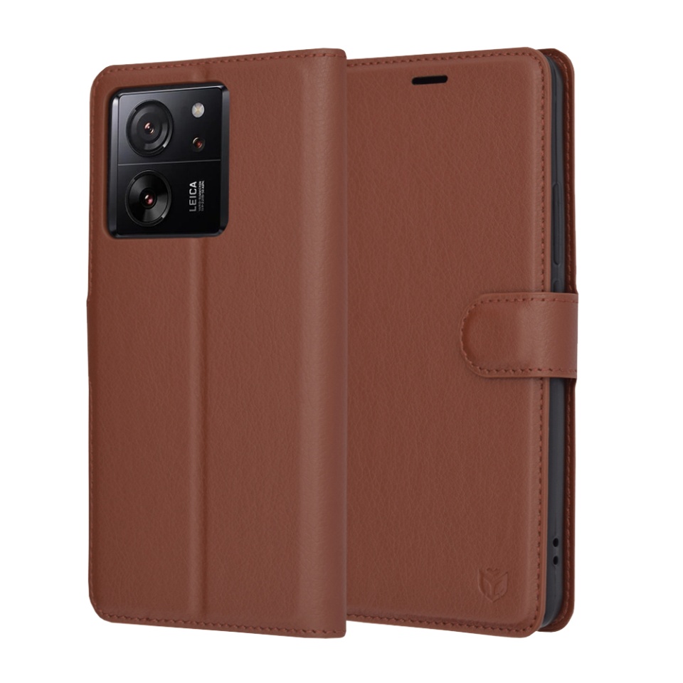 Husa pentru Xiaomi 13T / 13T Pro, SKYDDAR INNOVATION, Leather Folio tip Carte, cu Portofel Interior, Finisaje Premium, set cu sticker, Maro