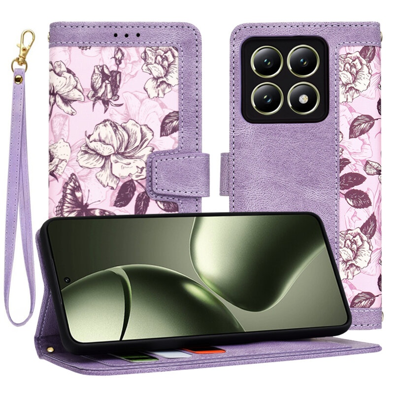 Husa pentru Xiaomi 14T din Piele Ecologică cu Design Floral, Protecție 360°, Stand Integrat, Buzunare pentru Carduri, SKDR Floral Wallet - Mov