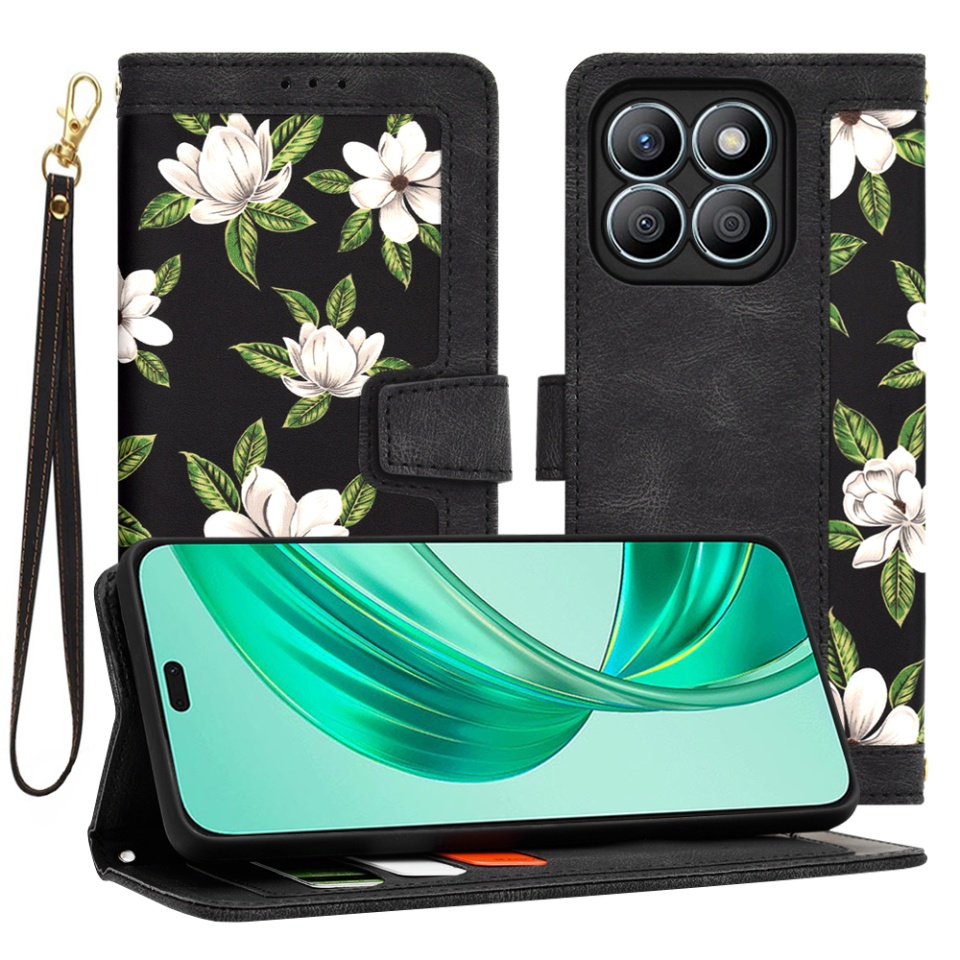Husa pentru Xiaomi 14T Pro din Piele Ecologică cu Design Floral, Protecție 360°, Stand Integrat, Buzunare pentru Carduri, SKDR Floral Wallet - Negru