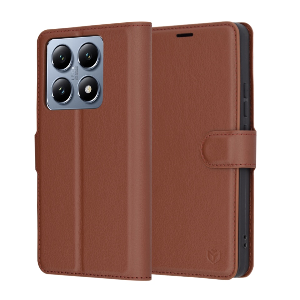 Husa pentru Xiaomi 14T Pro, SKYDDAR INNOVATION, Leather Folio tip Carte, cu Portofel Interior, Finisaje Premium, set cu sticker, Maro