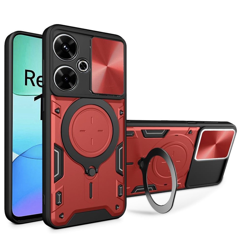 Husa pentru Xiaomi Redmi 13 / Poco M6 4G, cu inel magnetic si suport ajustabil, protectie completa camera, SKDR SafeCover - Rosu