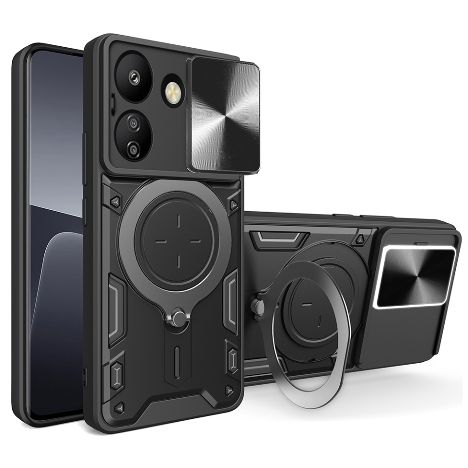 Husa pentru Xiaomi Redmi 13C 4G / Poco C65, cu inel magnetic si suport ajustabil, protecție completa camera, SKDR SafeCover - Negru