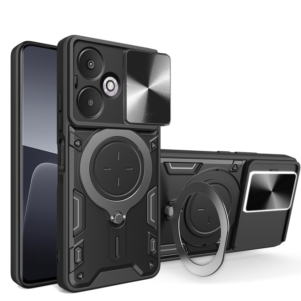 Husa pentru Xiaomi Redmi 13C 5G / Poco M6, cu inel magnetic si suport ajustabil, protecție completa camera, SKDR SafeCover - Negru