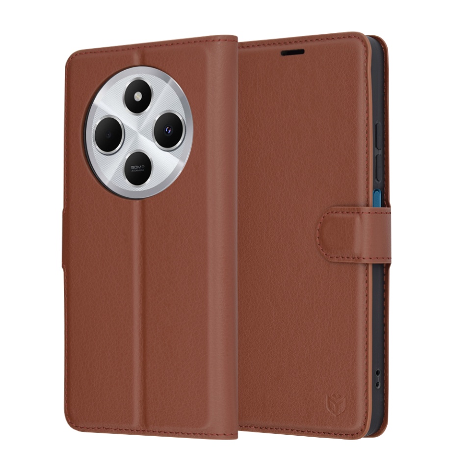 Husa pentru Xiaomi Redmi 14C / Poco C75, SKYDDAR INNOVATION, Leather Folio tip Carte, cu Portofel Interior, Finisaje Premium, set cu sticker, Maro
