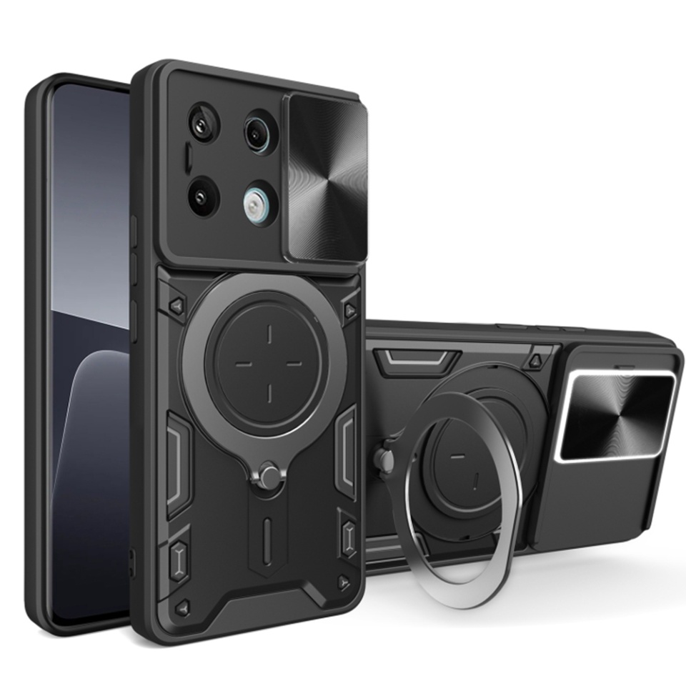 Husa pentru Xiaomi Redmi Note 13 Pro 5G / Poco X6, cu inel magnetic si suport ajustabil, protecție completa camera, SKDR SafeCover - Negru
