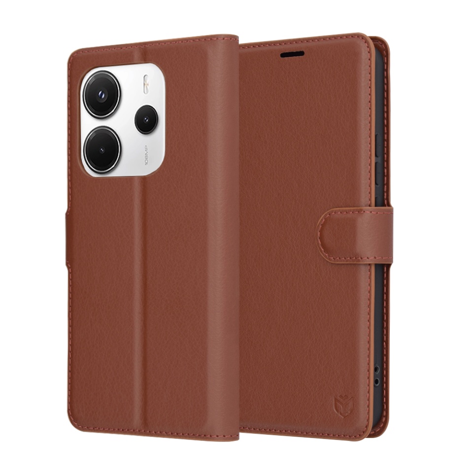 Husa pentru Xiaomi Redmi Note 14 4G (Regional), SKYDDAR INNOVATION, Leather Folio tip Carte, cu Portofel Interior, Finisaje Premium, set cu sticker, Maro